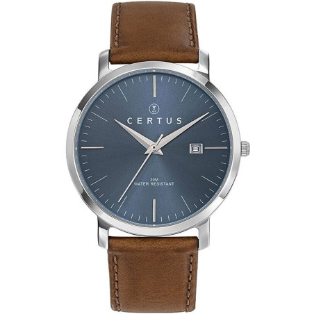 Montre homme Certus bracelet cuir brun fond bleu 611054