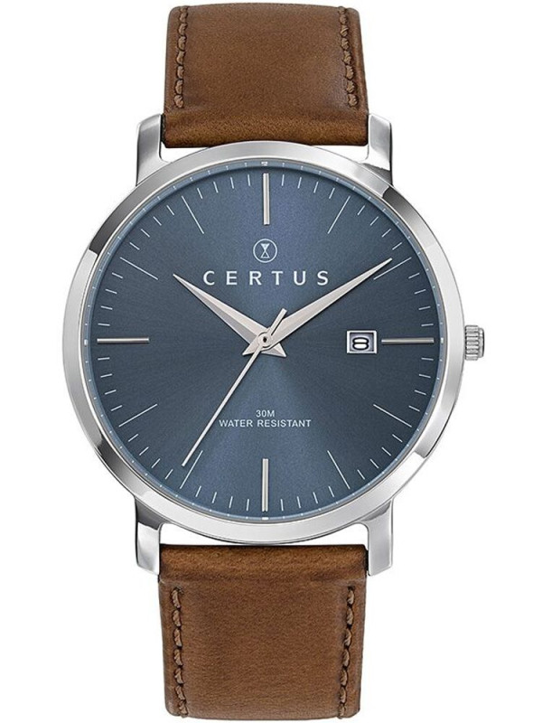 Montre homme Certus bracelet cuir brun fond bleu 611054