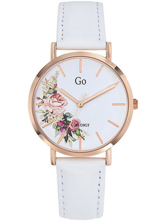 Montre femme Go blanche dorée rose cadran fleuri 699257