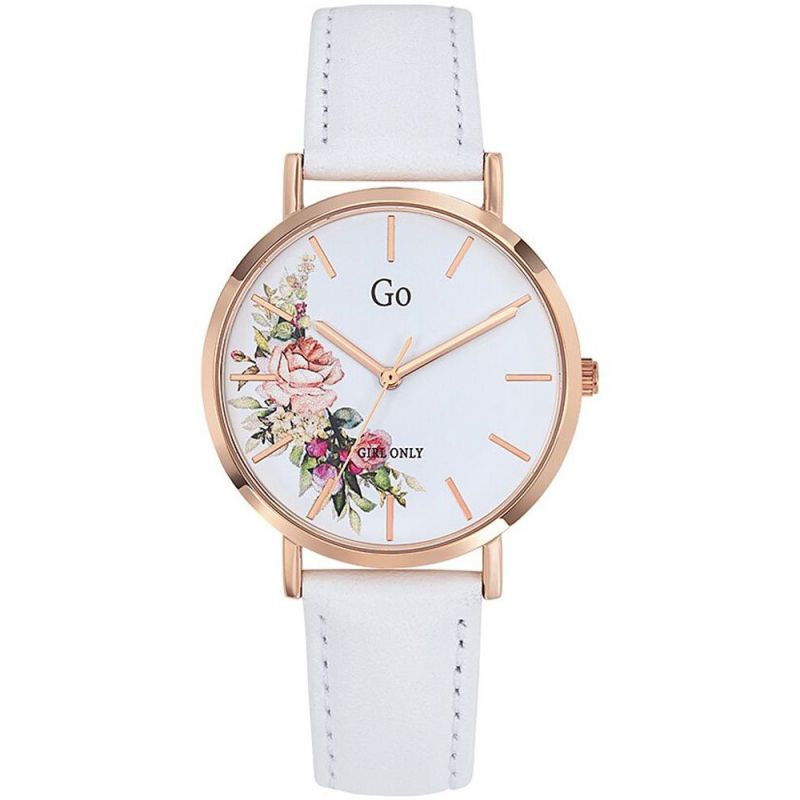 Montre femme Go blanche dorée rose cadran fleuri 699257