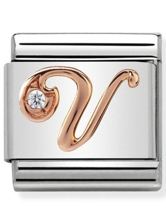 Maillon Nomination classic Lettre V en Or rose et pierre