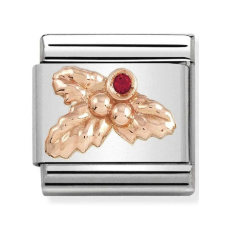 Maillon Nomination classic Evénement Noël Brin de Houx avec Pierre rouge en Or rose