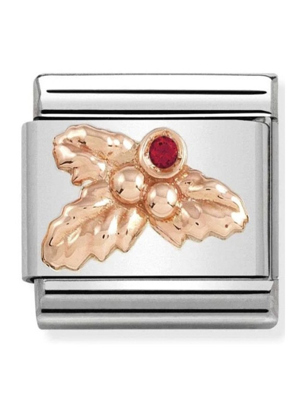 Maillon Nomination classic Evénement Noël Brin de Houx avec Pierre rouge en Or rose