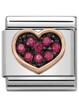 Maillon Nomination classic coeur Or rose pierres rouges