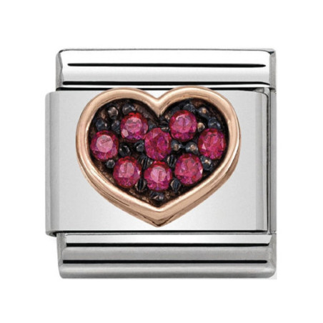 Maillon Nomination classic coeur Or rose pierres rouges