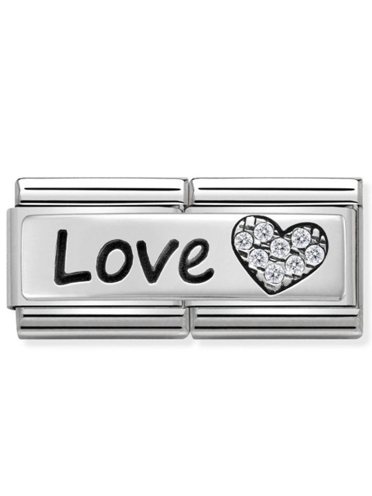 Maillon Nomination classic Amour Message Love Coeur avec Pierres blanches en Argent