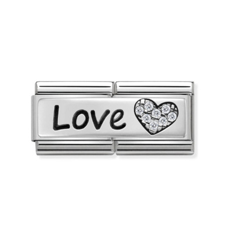 Maillon Nomination classic Amour Message Love Coeur avec Pierres blanches en Argent