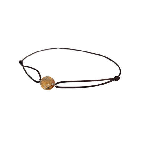 Bracelet Quartz Jaune Ovale Or Blanc et Cordon Marron Bellon | UB Bijoux